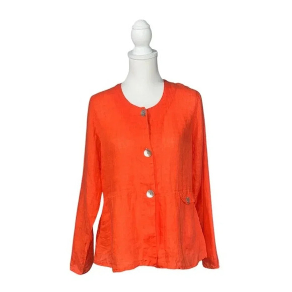 Flax Jackets & Blazers - FLAX CORAL ORANGE LINEN LONG SLEEVE BUTTON DOWN PETITE TUNIC SHIRT - Med…